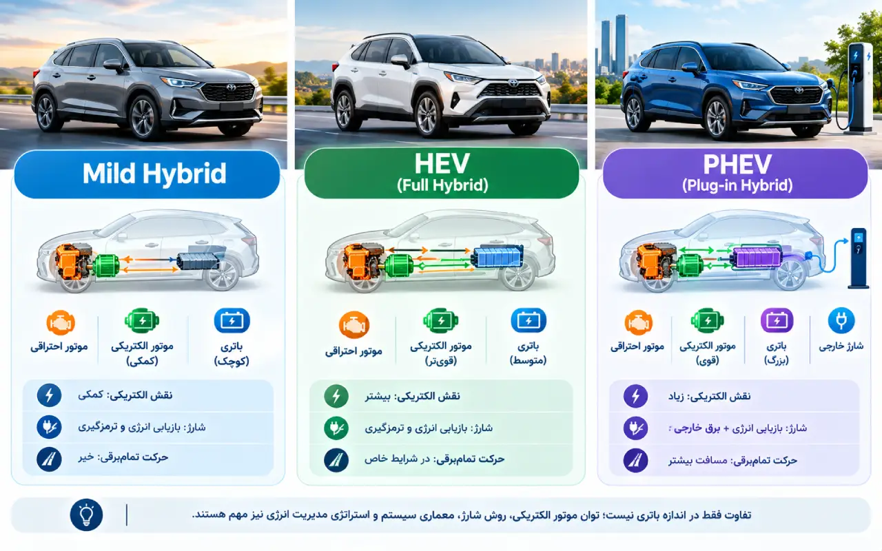 تفاوت Mild Hybrid، HEV و PHEV چیست؟