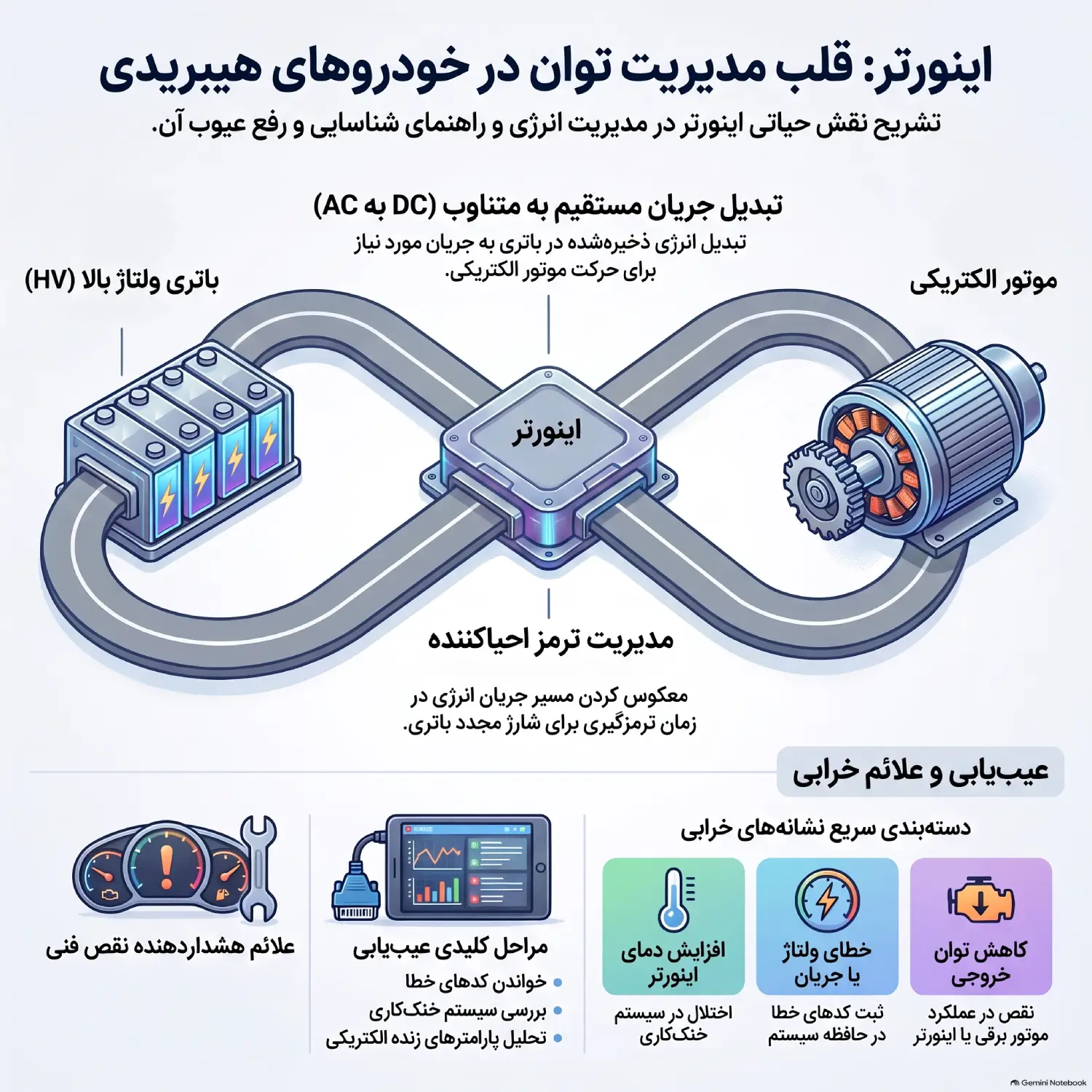 اینورتر اینورتر یکی از مهم‌ترین اجزای الکترونیک قدرت است و ارتباط الکتریکی بین باتری HV و موتور الکتریکی را مدیریت می‌کند. نحوه عملکرد باتری انرژی را به‌صورت DC ذخیره می‌کند، درحالی‌که موتورهای مورد استفاده در بسیاری از خودروهای هیبریدی به جریان AC کنترل‌شده نیاز دارند. اینورتر DC را به AC تبدیل می‌کند و در زمان ترمز احیاکننده، مسیر انرژی را معکوس می‌کند. علائم خرابی عدم فعال‌شدن سیستم هیبرید کاهش توان خطای موتور برقی افزایش دمای اینورتر ثبت خطاهای ولتاژ یا جریان روش عیب‌یابی خواندن کدهای خطا، بررسی سیستم خنک‌کاری، اندازه‌گیری‌های مجاز الکتریکی و تحلیل پارامترهای زنده از مراحل مهم هستند.